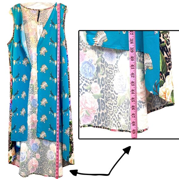 Open Front Sleeveless Duster Cardigan L Asymmetrical Leopard Floral Boho Western - Picture 9 of 13